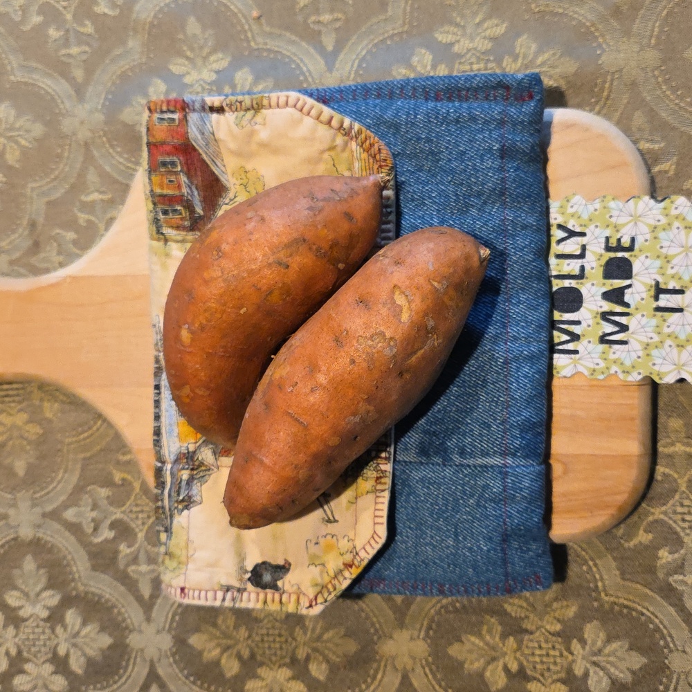 HAND CRAFTED Potato Pouch Microwave UPCYCLE Blue Denim Cotton Farmhouse 8.5 Inch